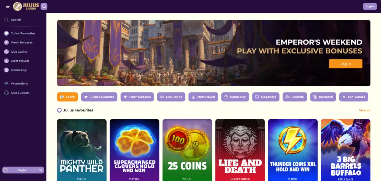 Bannière de la page d’accueil de Julius Casino présentant les bonus exclusifs Emperor’s Weekend